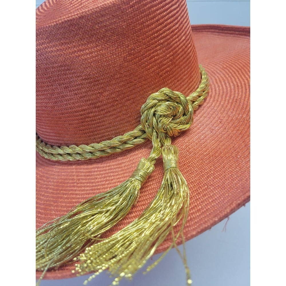 Adolfo II Vintage Wide Brim‎ Straw Hat Burnt Orange Gold Rope Tassel Pearl Pin - Picture 3 of 16